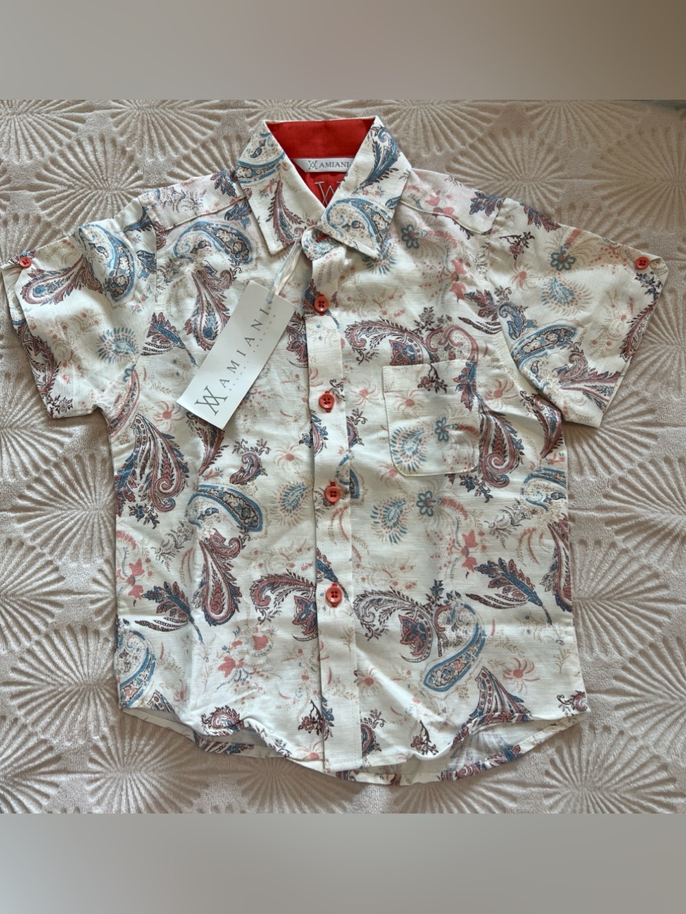 Amiani boy’s S-4 linen blend Cream Paisley Short-Sleeve Shirt NWT